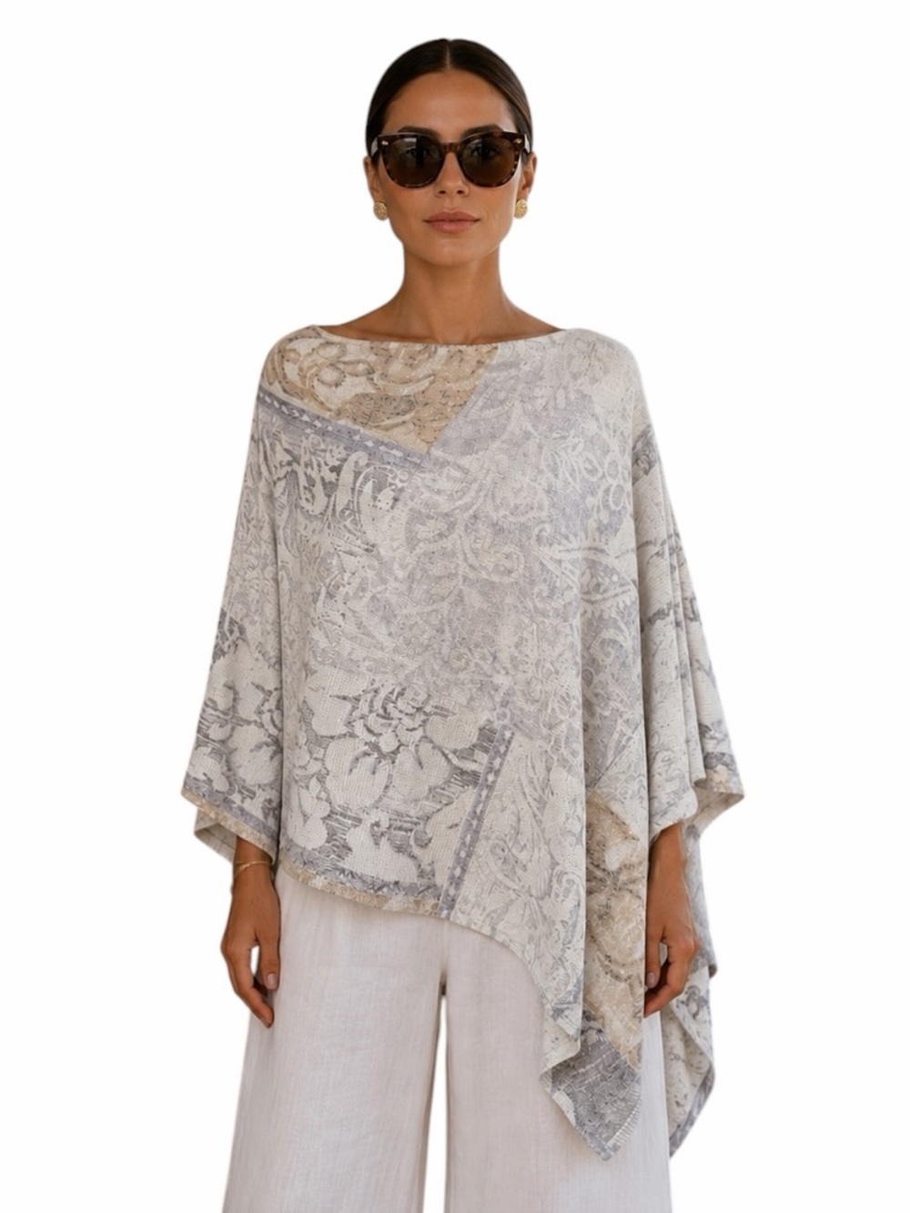 Chico’s Small/Medium Asymmetrical Neutral Poncho Quiet Luxury Resortwear Travel
